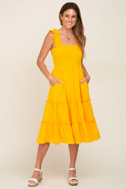 Yellow Smocked Square Neck Ruffle Strap Tiered Midi Dress