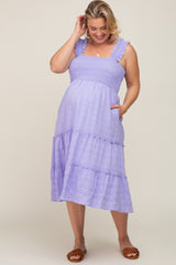 Lavender Smocked Square Neck Ruffle Strap Tiered Maternity Plus Midi Dress