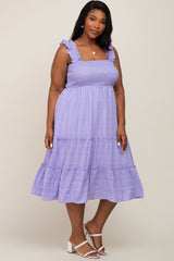 Lavender Smocked Square Neck Ruffle Strap Tiered Maternity Plus Midi Dress