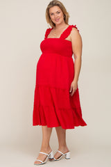 Red Smocked Square Neck Ruffle Strap Tiered Maternity Plus Midi Dress