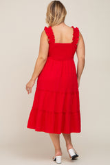 Red Smocked Square Neck Ruffle Strap Tiered Maternity Plus Midi Dress