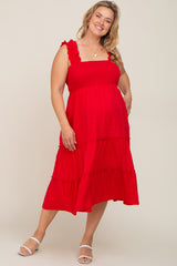 Red Smocked Square Neck Ruffle Strap Tiered Maternity Plus Midi Dress