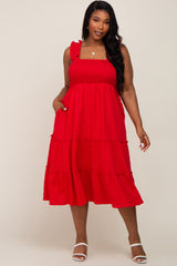 Red Smocked Square Neck Ruffle Strap Tiered Maternity Plus Midi Dress