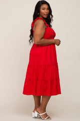 Red Smocked Square Neck Ruffle Strap Tiered Plus Midi Dress