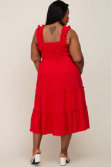 Red Smocked Square Neck Ruffle Strap Tiered Plus Midi Dress