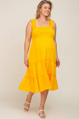 Yellow Smocked Square Neck Ruffle Strap Tiered Maternity Plus Midi Dress