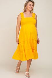 Yellow Smocked Square Neck Ruffle Strap Tiered Maternity Plus Midi Dress