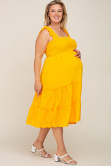 Yellow Smocked Square Neck Ruffle Strap Tiered Maternity Plus Midi Dress