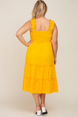 Yellow Smocked Square Neck Ruffle Strap Tiered Maternity Plus Midi Dress