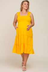 Yellow Smocked Square Neck Ruffle Strap Tiered Maternity Plus Midi Dress