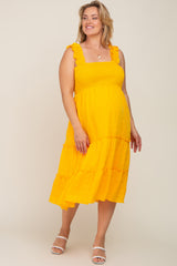 Yellow Smocked Square Neck Ruffle Strap Tiered Maternity Plus Midi Dress