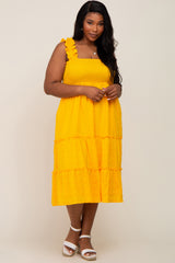 Yellow Smocked Square Neck Ruffle Strap Tiered Maternity Plus Midi Dress