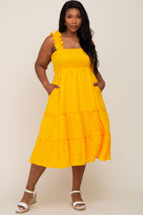 Yellow Smocked Square Neck Ruffle Strap Tiered Plus Midi Dress