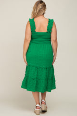 Green Smocked Square Neck Ruffle Strap Tiered Maternity Plus Midi Dress