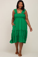 Green Smocked Square Neck Ruffle Strap Tiered Maternity Plus Midi Dress