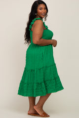 Green Smocked Square Neck Ruffle Strap Tiered Plus Midi Dress