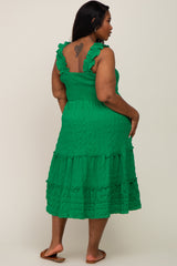 Green Smocked Square Neck Ruffle Strap Tiered Plus Midi Dress