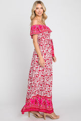 Red Floral Paisley Ruffle Off Shoulder Maxi Dress