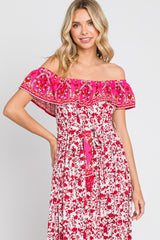 Red Floral Paisley Ruffle Off Shoulder Maxi Dress