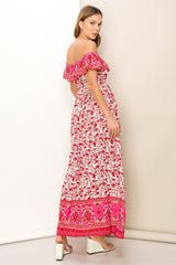 Red Floral Paisley Ruffle Off Shoulder Maxi Dress