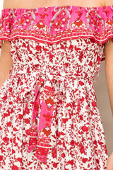 Red Floral Paisley Ruffle Off Shoulder Maxi Dress