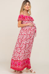 Red Floral Paisley Ruffle Off Shoulder Maternity Maxi Dress