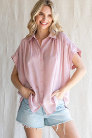 Light Pink Satin Button Down Smocked Accent Top