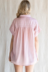 Light Pink Satin Button Down Smocked Accent Top