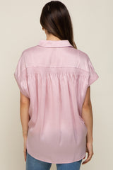 Light Pink Satin Button Down Smocked Accent Maternity Top