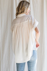 Ivory Satin Button Down Smocked Accent Top