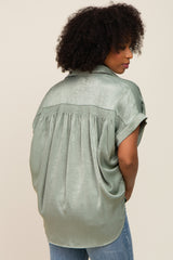 Olive Satin Button Down Smocked Accent Top