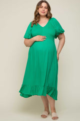 Green Smocked Puff Sleeve Maternity Plus Midi Dress