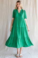 Green Tiered V-Neck Maternity Midi Dress