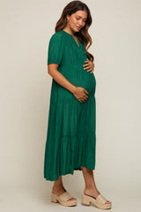 Green Tiered V-Neck Maternity Midi Dress