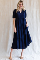 Navy Tiered V-Neck Midi Dress