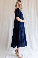 Navy Tiered V-Neck Midi Dress