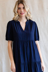 Navy Tiered V-Neck Midi Dress