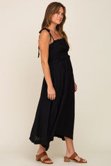 Black Shirred Shoulder Tie Midi Dress