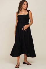 Black Shirred Shoulder Tie Maternity Midi Dress