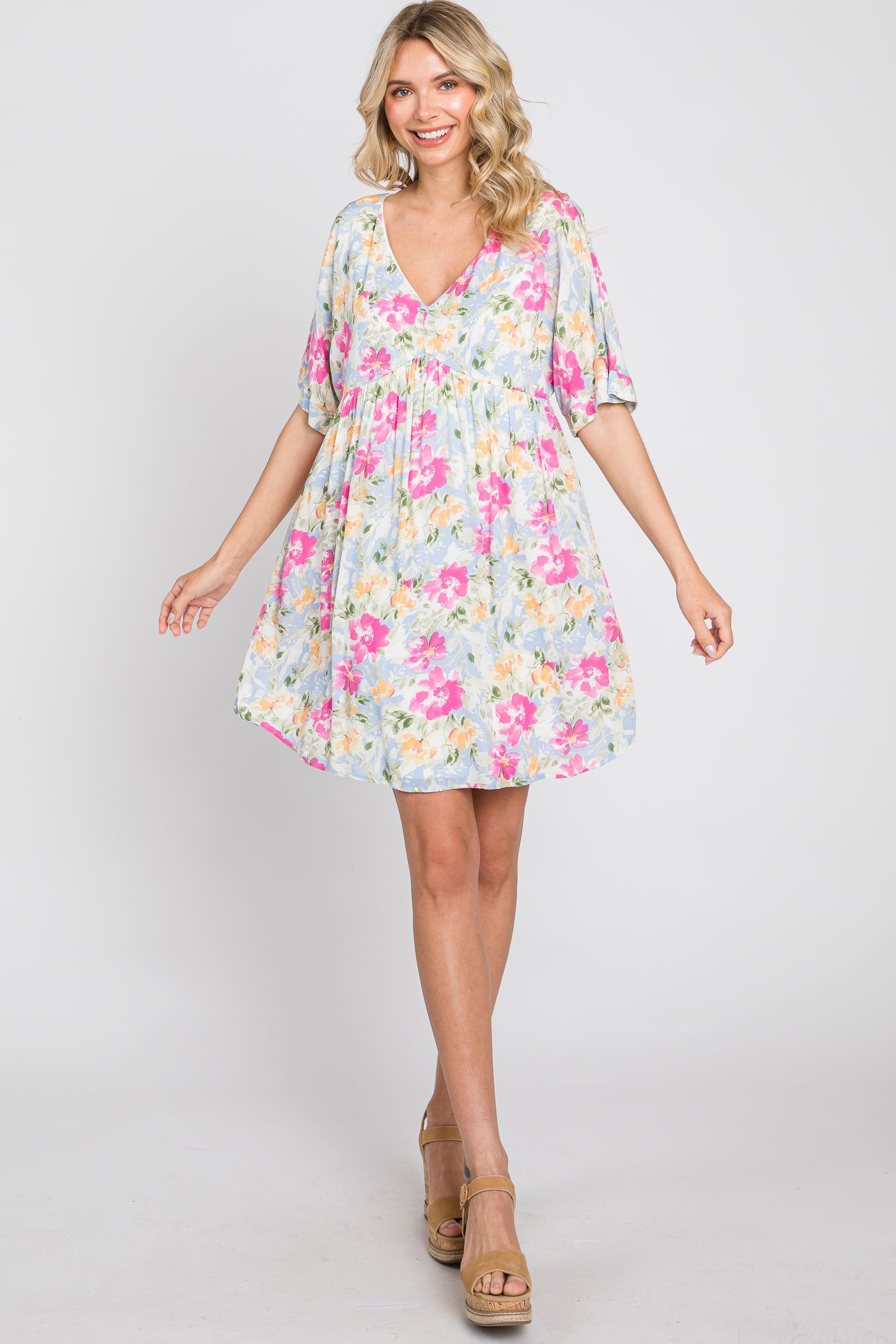 Blue Floral Babydoll Dress PinkBlush