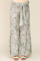 Light Olive Leaf Print Smocked Waist Bell Bottom Maternity Pants