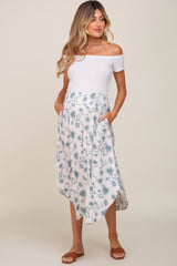 Blue Floral Smocked Waist Round Hem Maternity Midi Skirt