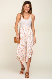 Mocha Floral Smocked Waist Round Hem Midi Skirt