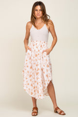 Mocha Floral Smocked Waist Round Hem Midi Skirt