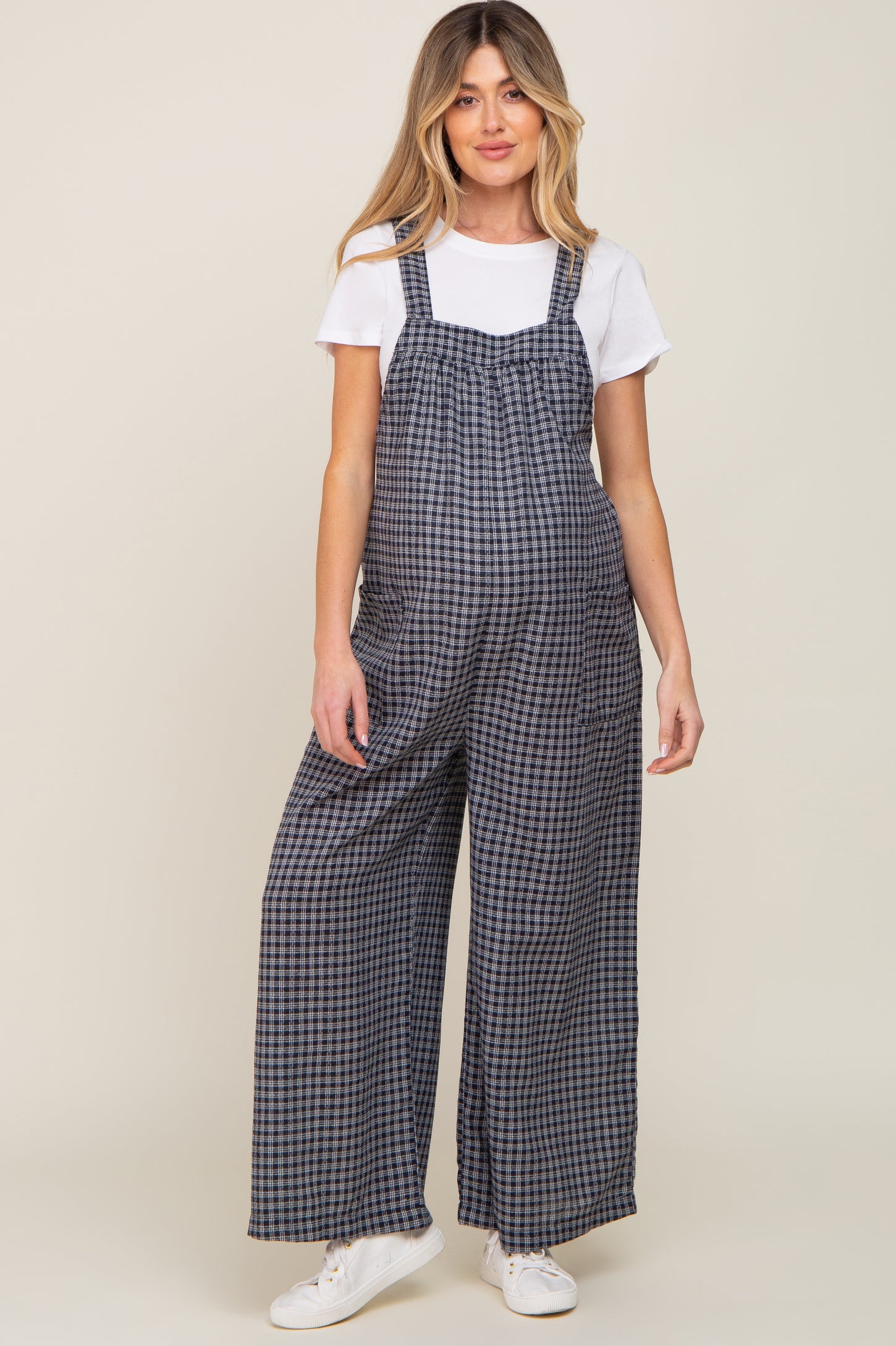 Navy Plaid Tie Back Maternity Overall – PinkBlush