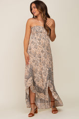 Taupe Floral Asymmetrical Maternity Maxi Dress