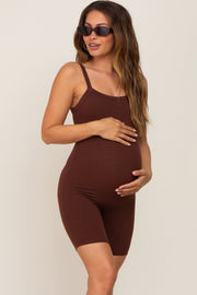 Brown Ribbed Bodycon Maternity Romper