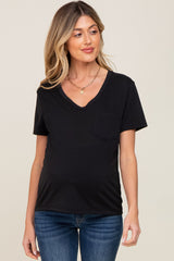 Black V-Neck Front Pocket Short Sleeve Maternity Top