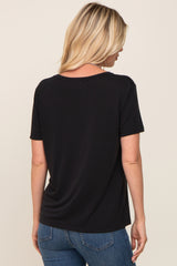 Black V-Neck Front Pocket Short Sleeve Top