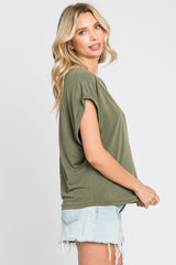 Olive Crew Neck Cuffed Short Sleeve Top